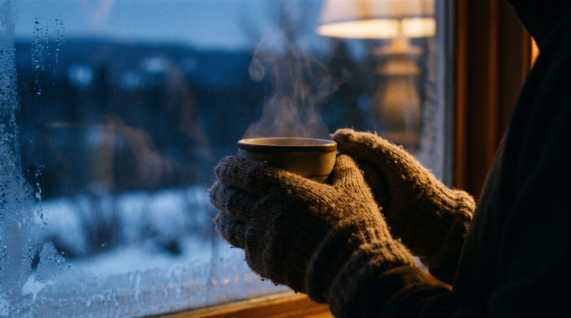Manos alrededor de una taza caliente junto a una ventana helada